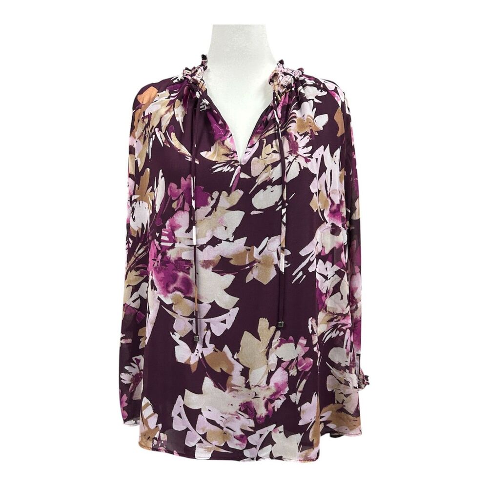 Calvin Klein Floral Chiffon Blouse Sheer Sleeve Sz 3X Purple